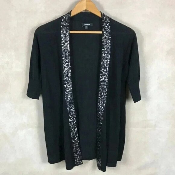 EXPRESS Short Sleeve Black Cardigan Sequin Trim NEW Size SMALL - Picture 2 of 8